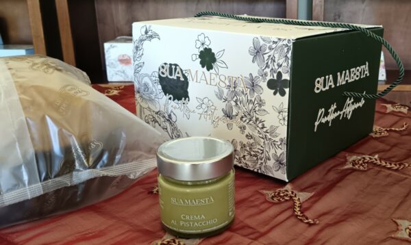 PANETTONE ARTIGIANALE DA KG 1 CON CREMA DI PISTACCHIO IN BARATTOLO DA GR 200 LINEA FLOREALE